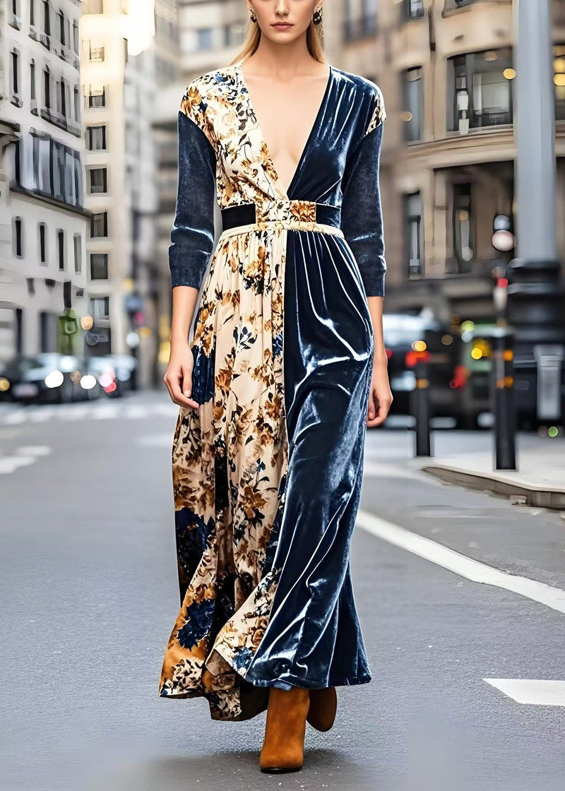 Navy V Neck Patchwork Print Silk Velour Dresses Spring