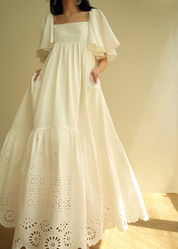 Brief White Square Collar Hollow Out Maxi Dresses Summer