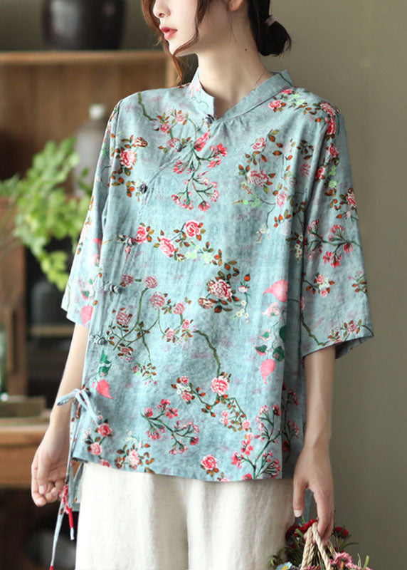 Blue Stand Collar Print Chinese Button Linen Shirt Half Sleeve