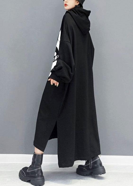 Boutique Black Hooded Print Side Open Long Dress Fall Long Sleeve