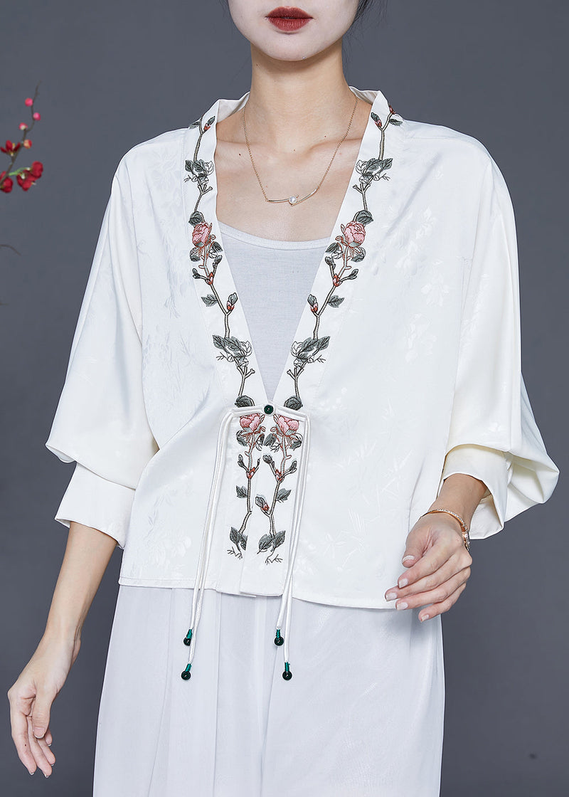 Art White Embroideried Tasseled Silk Jacket Spring
