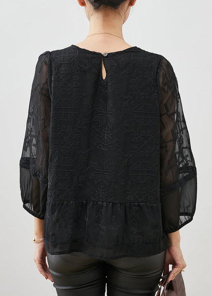 Black Embroidered Tulle Blouse Top Bracelet Sleeve