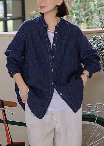 Navy Oversized Linen Shirt Top Fall