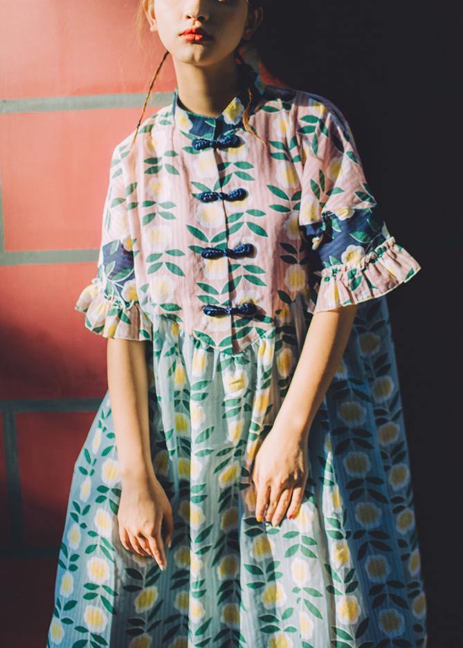 Pink Print Stand Collar Summer Dress