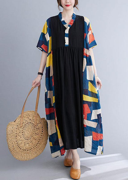 Black Loose Ruffles Pockets Patchwork Summer Dress Half Sleeve