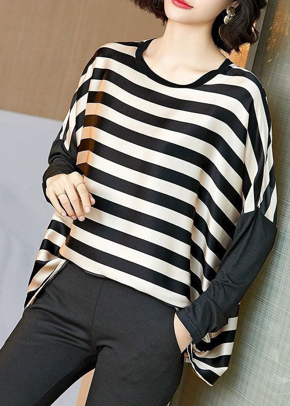 Black Striped O-neck Oversized Patchwork Silk Tops Batwing Sleeve
