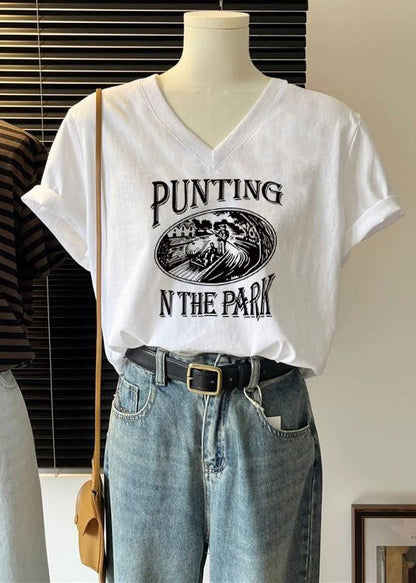 Loose Bow V Neck Print Cotton T Shirts Summer