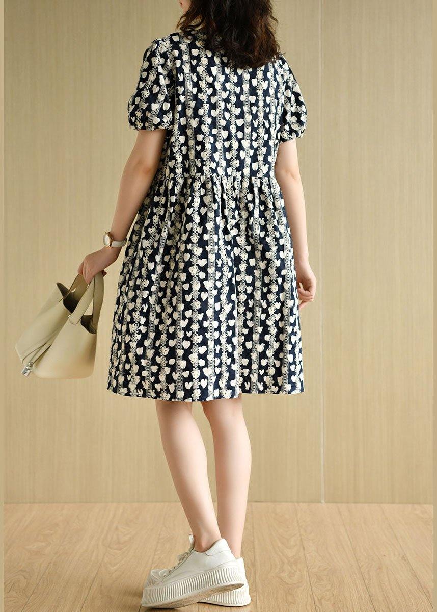 Navy V Neck Loose Print Summer Cotton Dress Short Sleeve
