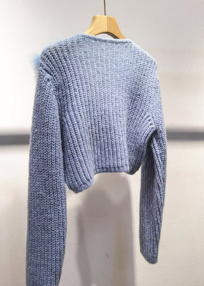 Purple V Neck Patchwork Cotton Knit Sweater Winter