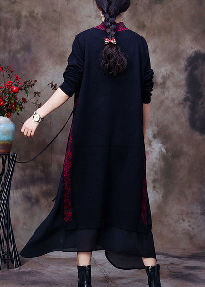 Purple Black O-neck Side Open Tulle Patchwork Knit Dresses Spring