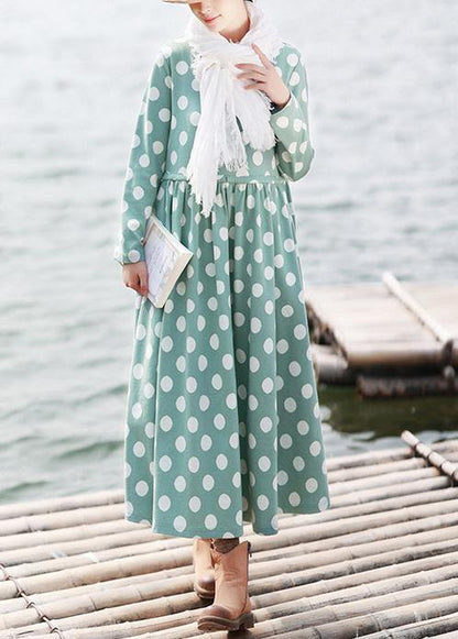 Diy O Neck Cinched Spring Quilting Dresses Pattern Green Dotted Loose Dresses