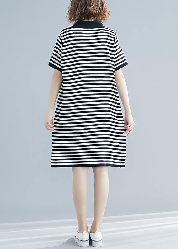 Black White Narrow Striped Short Sleeve Summer Cotton Dress