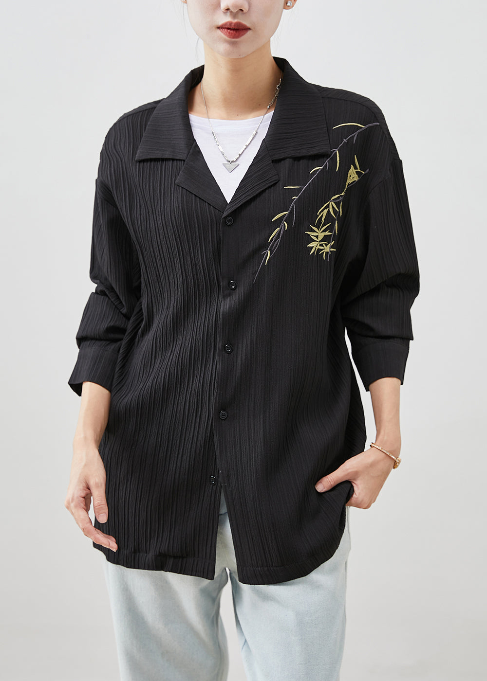 Modern Black Branch Embroideried Cotton Shirt Fall
