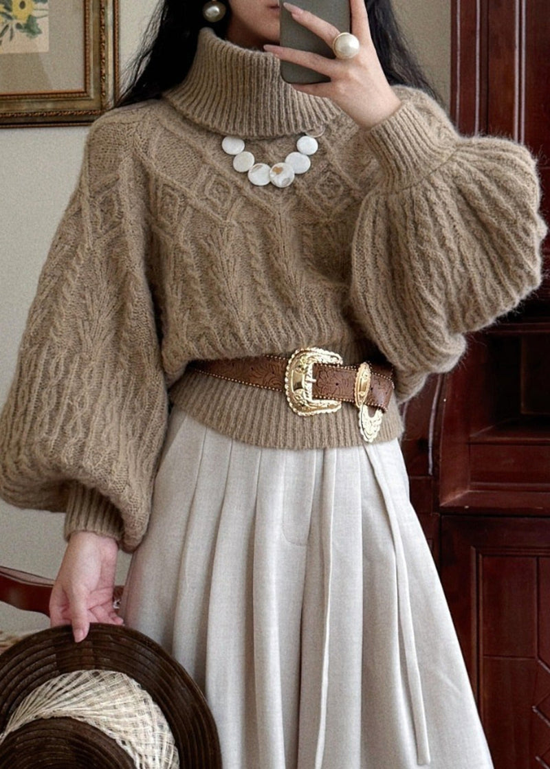 Khaki Turtleneck Thick Cable Cotton Knit Sweaters Puff Sleeve