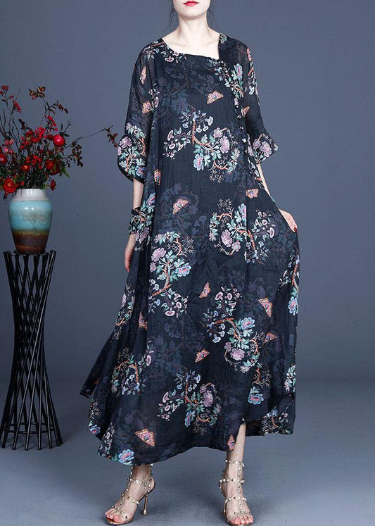 Comfy Black Retro Print Oriental Summer Chiffon Summer Dress