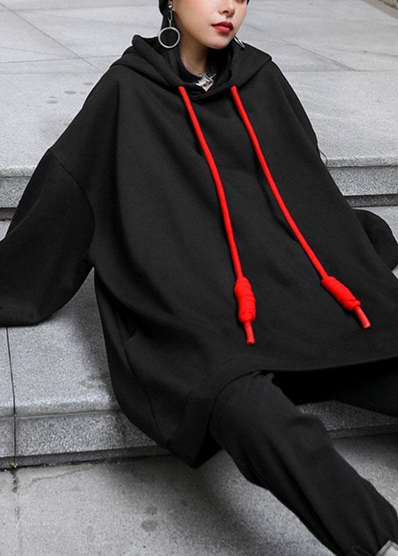 Style Black Hooded Pockets Drawstring Fall Loose Sweatshirts Top