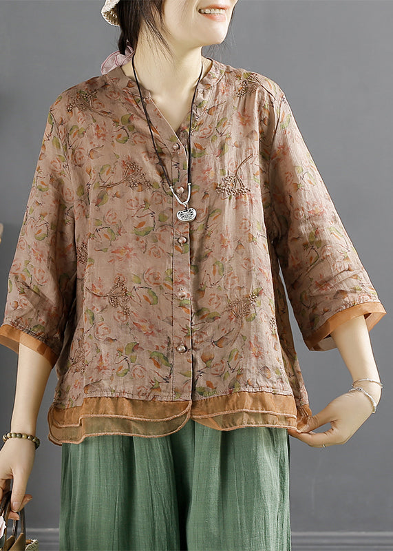 Chinese Style Yellow V Neck Embroideried Linen Shirt Top Summer