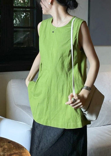 White O-neck Wrinkled Linen a Line Tops Sleeveless