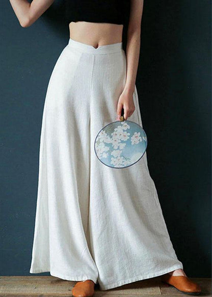 Cotton Back Elastic Waist Loose Wide Leg Pants With Side Pockets