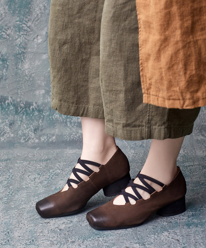 Coffee Cross Strap Cowhide Leather High Heels