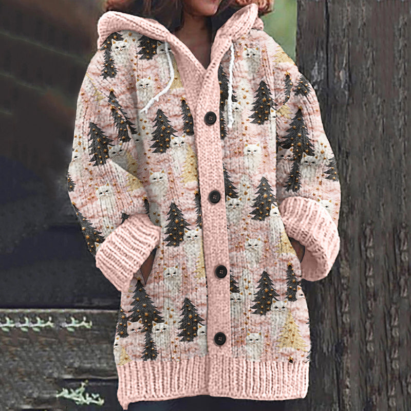 Comstylish Christmas Tree Cat Print Long Sleeve Knitted Hooded Cardigan