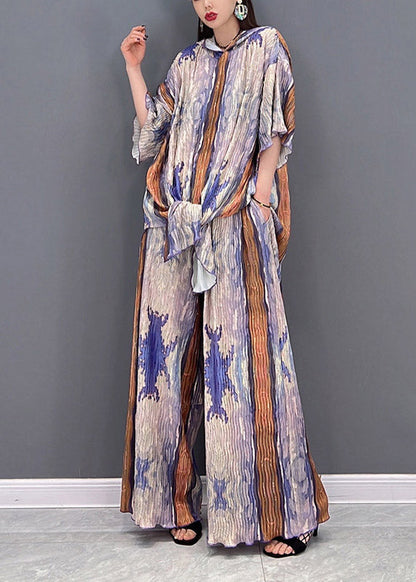 Colorblock Hooded Side Open Print Tops and Wide Leg Pants Two-piece Set Spring