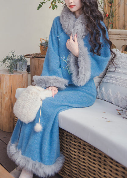 Blue Fur Collar Tops and Skirts Cotton Filled Two Pieces Set Winter
