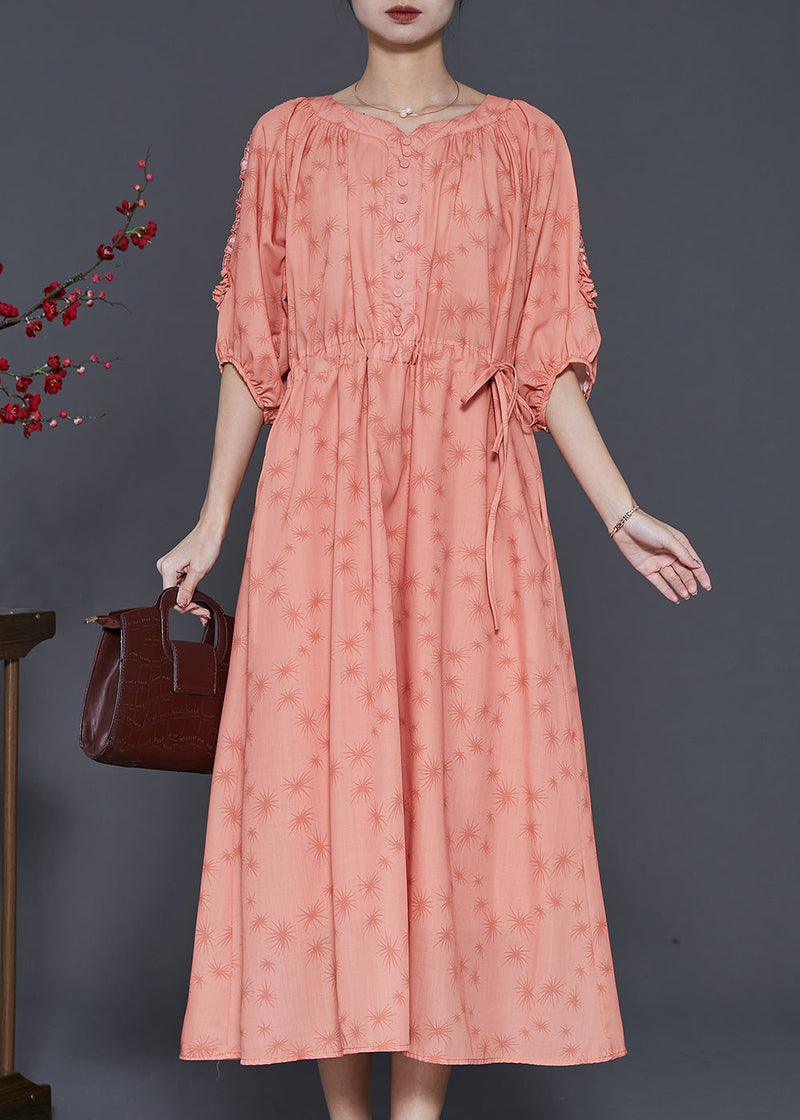 Orange Ruffled Print Linen Cinched Dress Summer