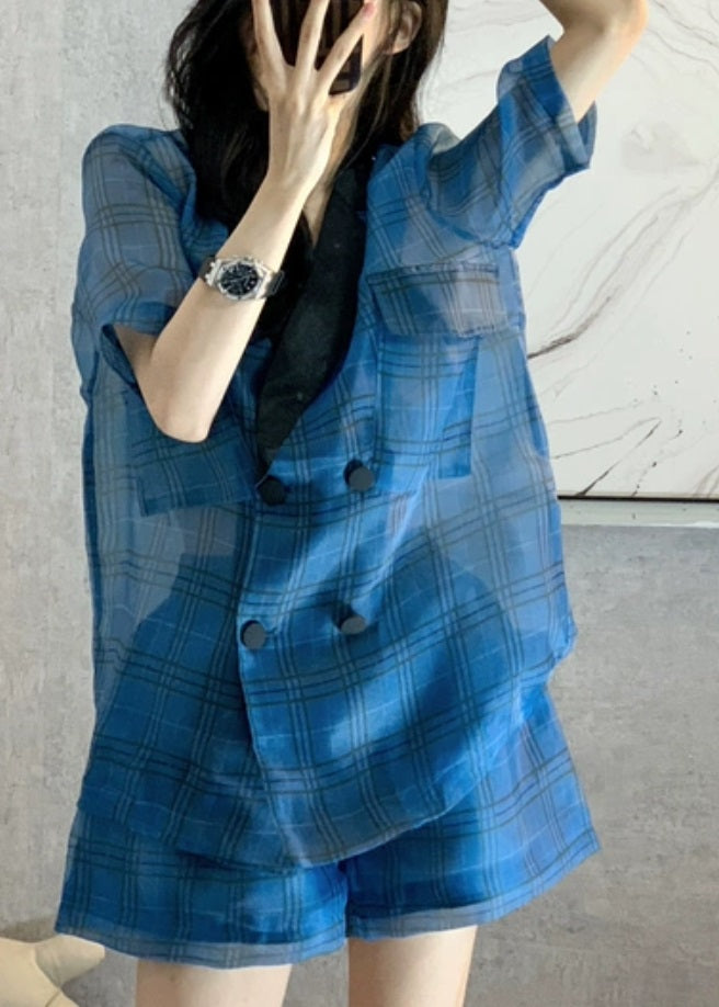 Blue Peter Pan Collar Plaid Patchwork Top Hot Pants Two-piece Set Short Sleeve