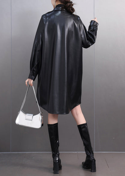 Original Black Peter Pan Collar Pockets Pu Trench Coats Fall