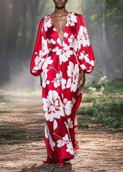 Red V Neck Print Silk Ankle Dress Spring