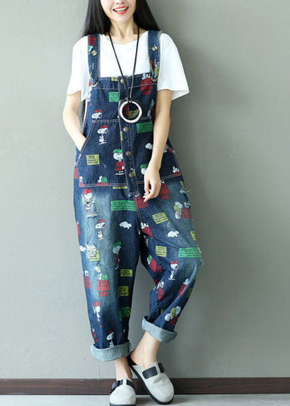 Dark Blue Print Jumpsuits Pockets Summer