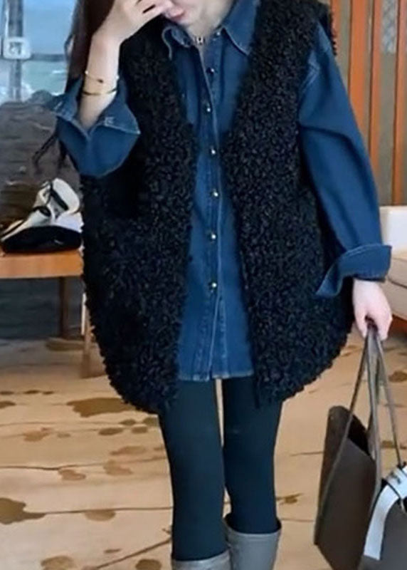 Art Black V Neck Teddy Faux Fur Black Waistcoat and Shirts Two Piece Set Fall