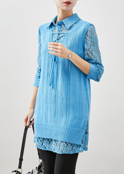 Art Sky Blue Lace Up Knit Vest Dress Two Piece Set Clothing Spring