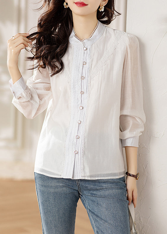 White Button Lace Patchwork Shirts Long Sleeve