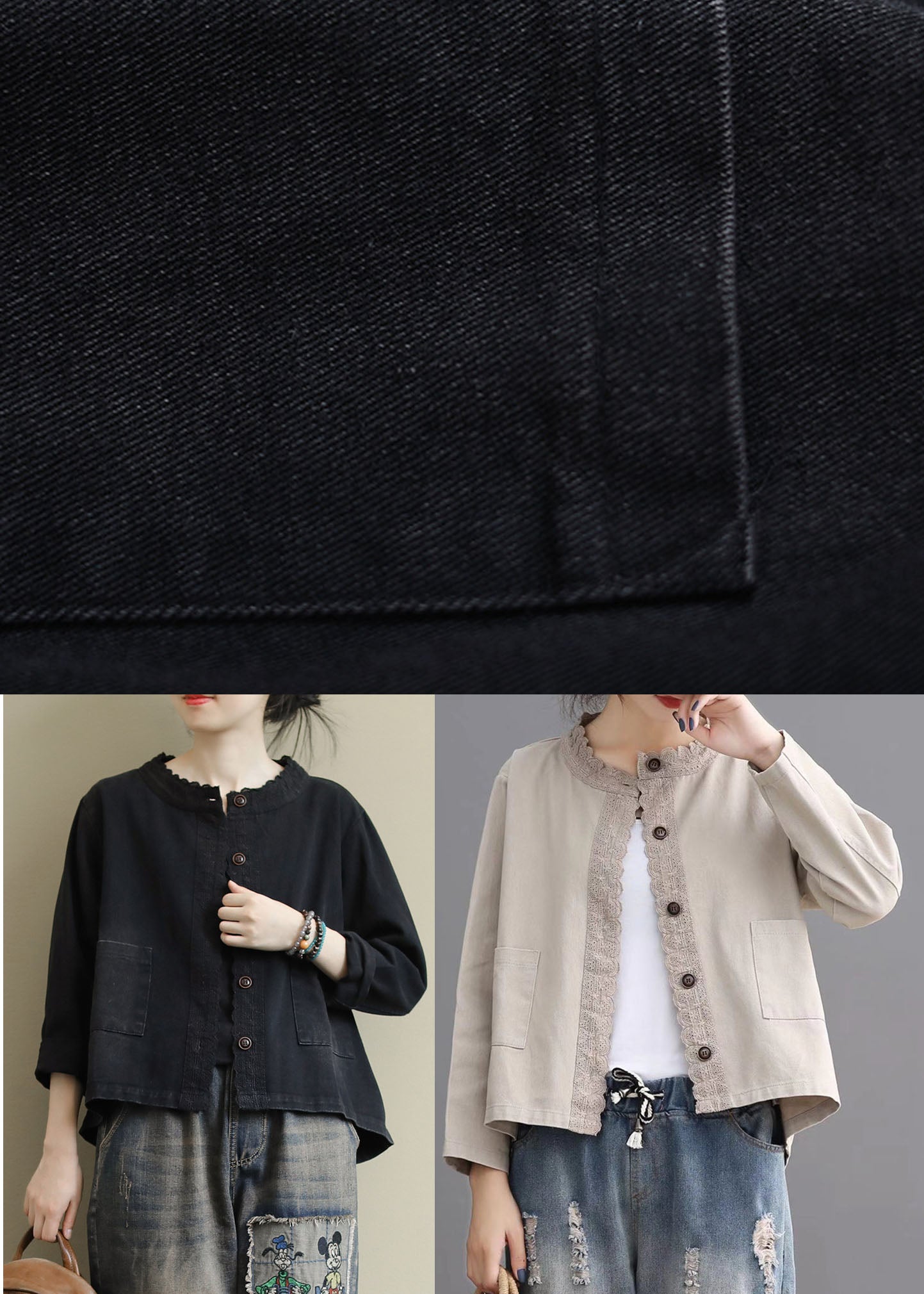 Black Button Embroidered Fall Denim Coat