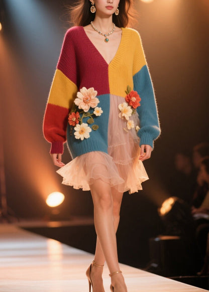 Colorblock V Neck Knit Sweater Dress Fall
