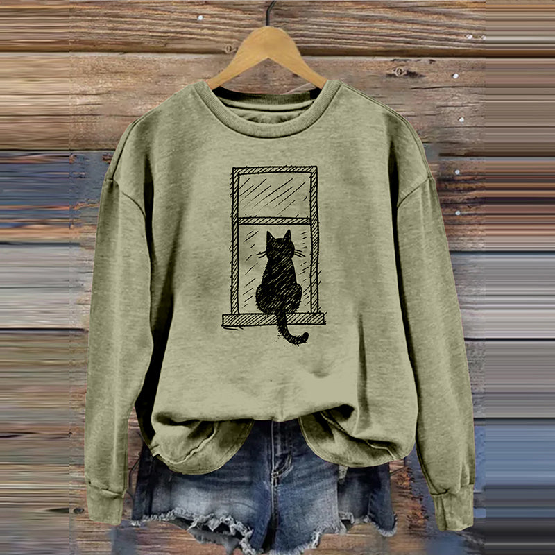 Comstylish Lovely Simple Cat Art Print Vintage Cozy Sweatshirt