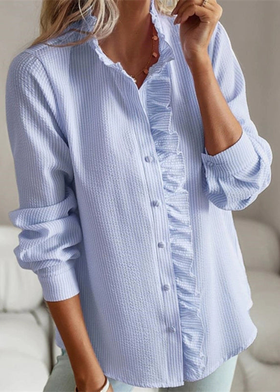 Blue Shirt Ruffled Patchwork Puff Sleeve Fall