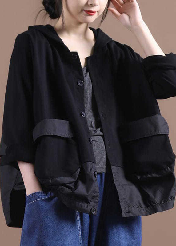 Black O-neck Patchwork Pockets Button Hooded Coat Long Sleeve