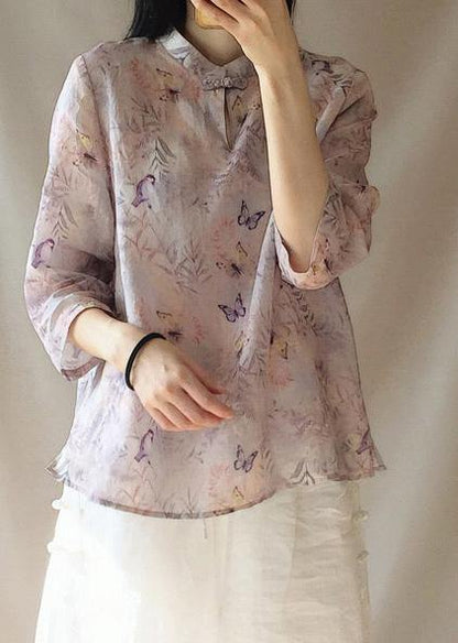 Light Purple Butterfly Printing Top Silhouette Stand Collar Midi Top