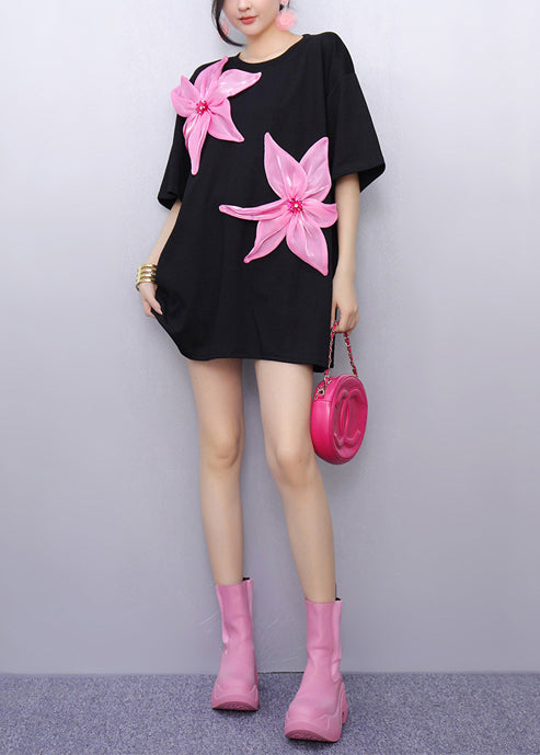 Black Oversized Decorated Cotton Tops Summer