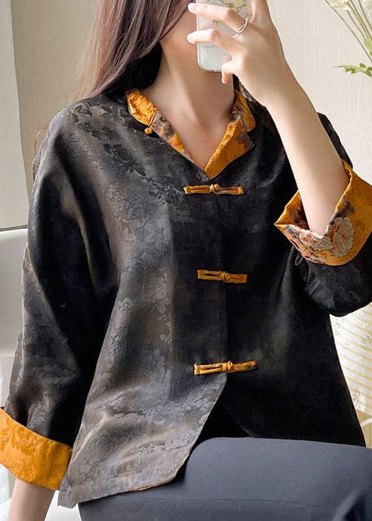 Stand Collar Print Button Side Open Silk Coat Long Sleeve