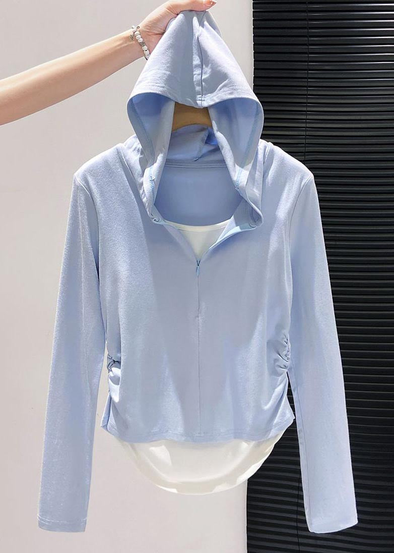 Style Sky Blue Hooded Patchwork Cotton Fake Two Piece Sweatshirt Fall