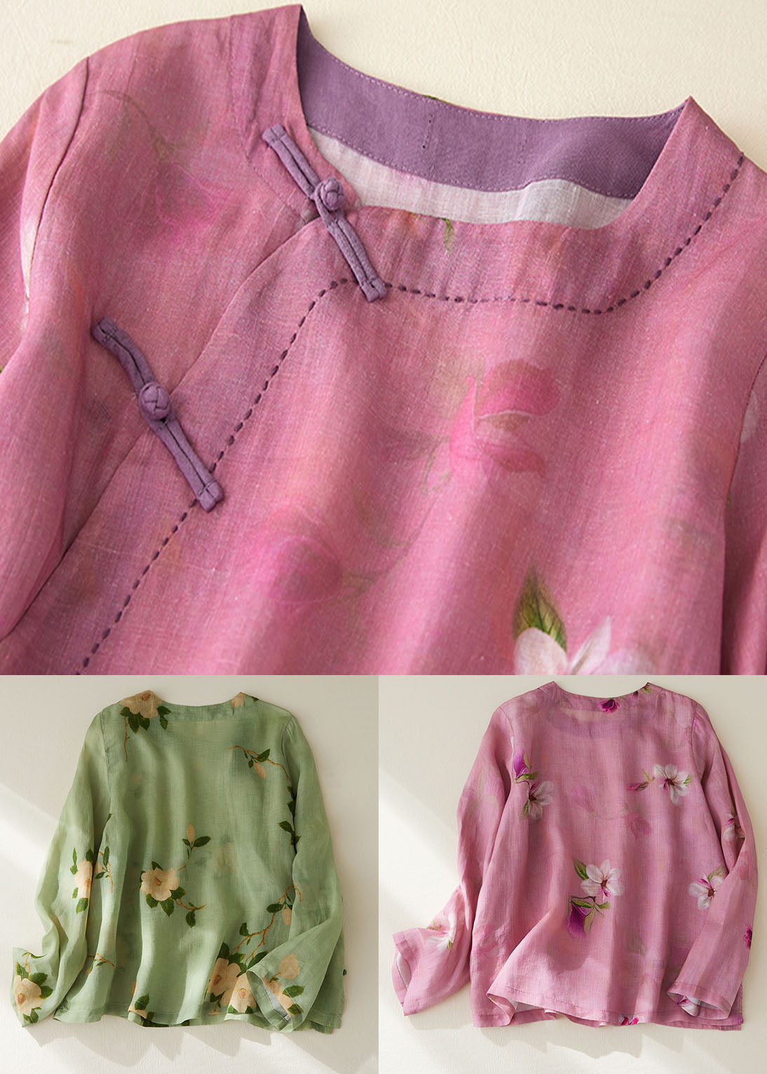 Green O Neck Print Patchwork Cotton Shirt Tops Long Sleeve