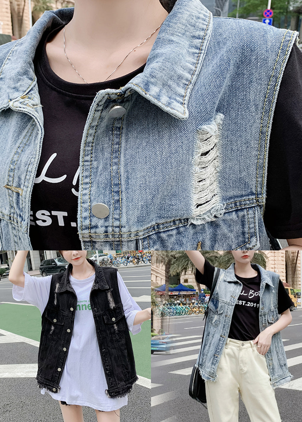 Diy Light Blue Peter Pan Collar Denim Waistcoat Sleeveless