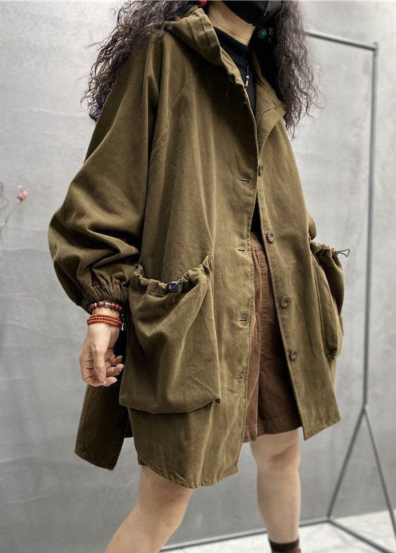 Khaki Hooded Drawstring Big Pockets Cotton Coats Spring