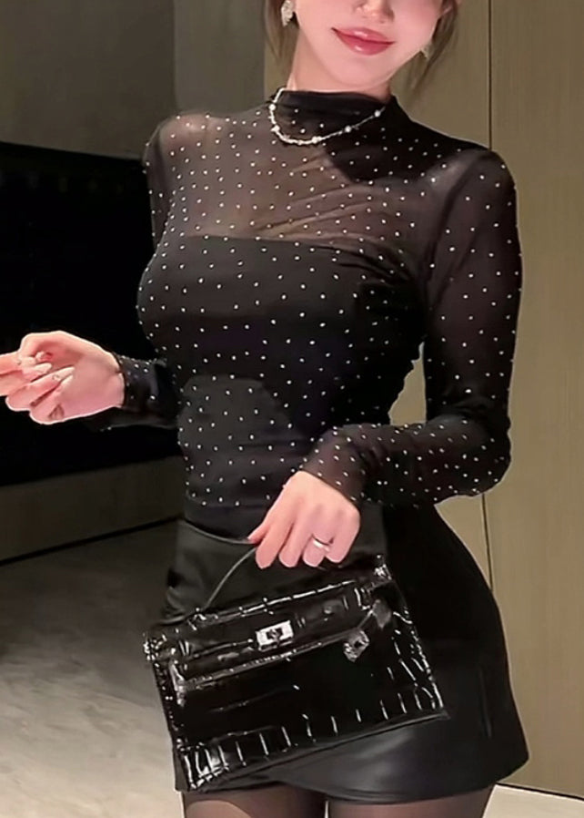 Style Black Half High Neck Zircon Tulle Top Fall