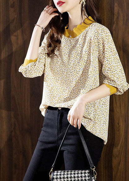 Yellow Stand Collar Print Chiffon Shirt Top Spring
