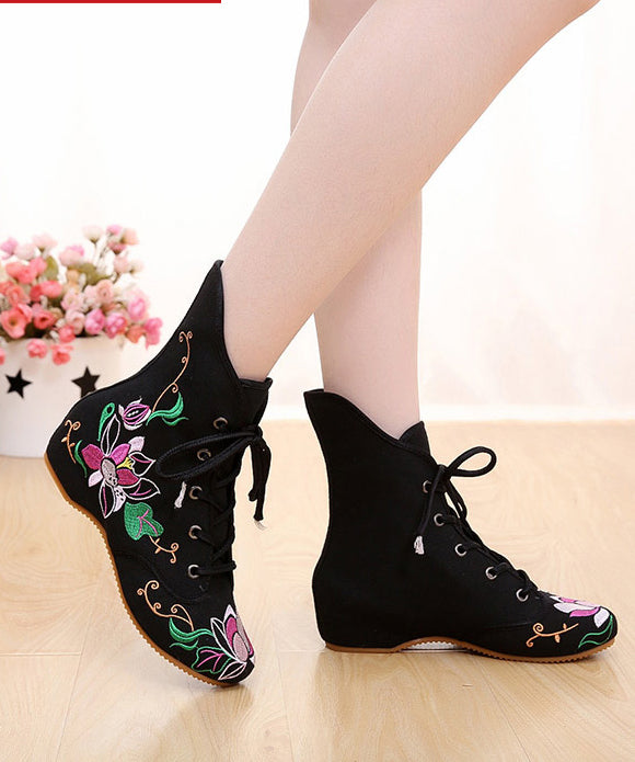 Cross Strap Embroideried Ankle Boots Black Cotton Fabric